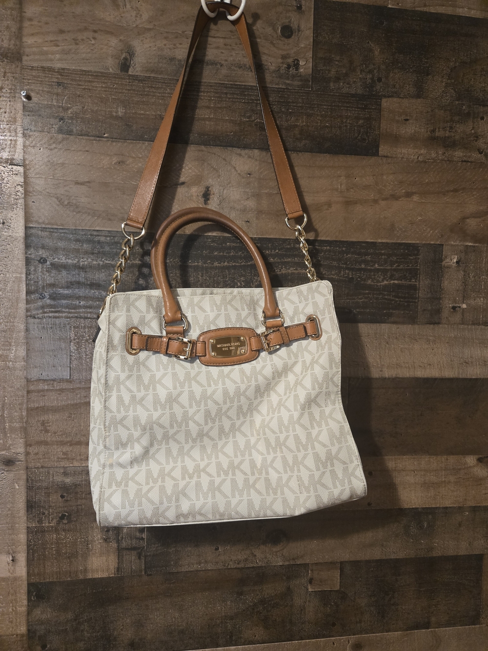Michael Kors Cream MK Logo Tote with Tan Leather Trim